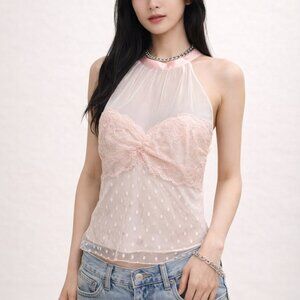 Women's Babydoll Romantic, Y2K, Fairy Mesh Poka Dot Pink Cream Top Sz S